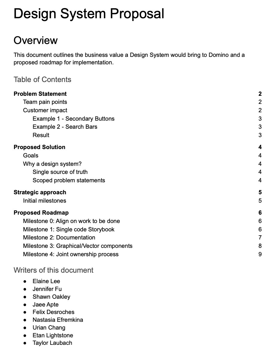 Table of contents of the design system proposal document