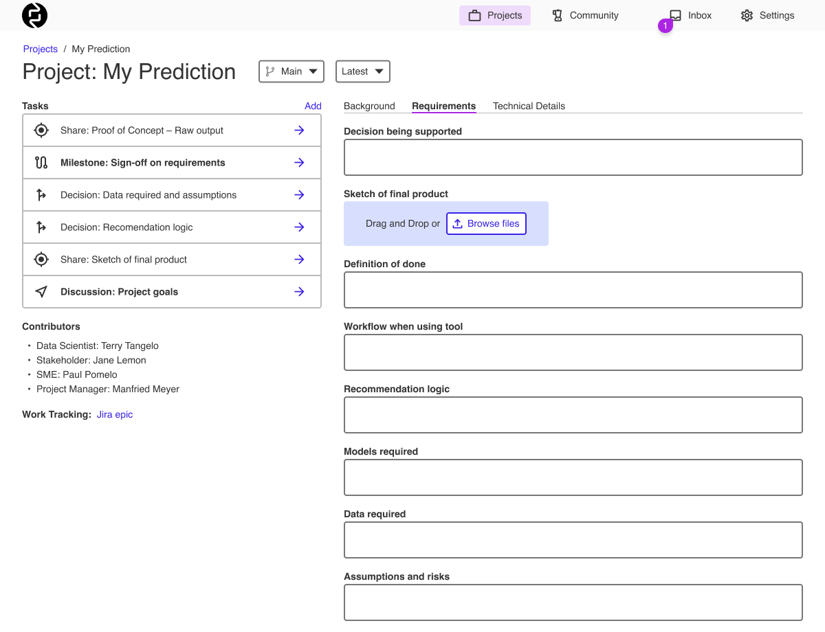 A requirements gathering UI that frames questions both personas should understand